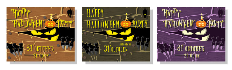 Set of Happy Halloween banner: monster with scary eyes broken wooden wall from boards and looks out of darkness. Vector illustration in cartoon style. Concept poster, flyer or cards on holiday party.