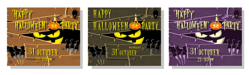 Set of Happy Halloween banner: monster with scary eyes broken wooden wall from boards and looks out of darkness. Vector illustration in cartoon style. Concept poster, flyer or cards on holiday party. © Dunhill