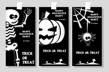 Set of funny holiday banner: title Happy Halloween party Trick or Treat and skeleton, pumpkin, spider. Concept design cards, flyers, posters. Vector illustration in flat or kids paper applique style