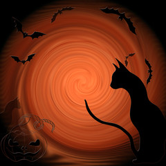 Halloween: bats, cat, pumpkin - decorative composition. 
