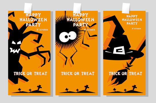 Set of funny holiday banner: title Happy Halloween party Trick or Treat and witch hat, scary tree, spider. Concept design card, flyer, poster. Vector illustration in flat or kids paper applique style