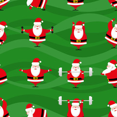 Seamless Happy New Year and Merry Christmas background funny sportsman Santa Claus does morning exercises in different poses. Vector illustration