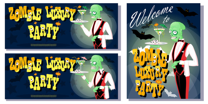 Set of banners for halloween holiday party with cute elegant zombie waiter drawing in funny cartoon retro style. Concept design poster, flyer or card. Vector illustration