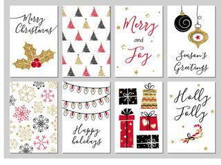 Christmas greeting card set. Gold, black, red, white colors. Gift tags with gold glitter texture. Snowflakes and Christmas tree patterns.