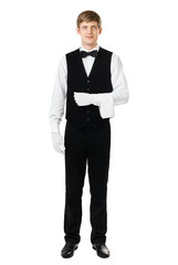 Handsome elegant waiter with towel over arm