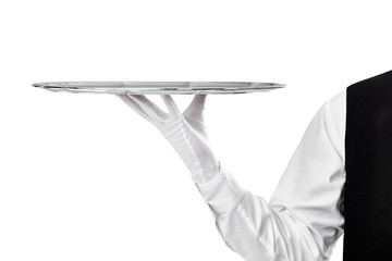 Elegant waiter holding empty silver tray