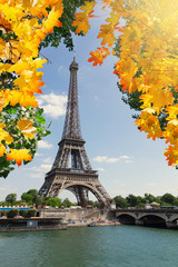 view of Eiffel Tower and river Seine in fall day, Paris, France