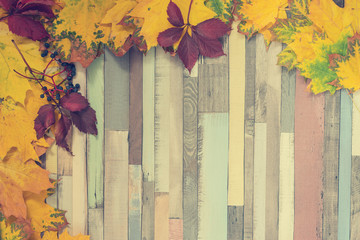 Old background in frame of autumn leaves.