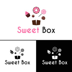 Sweetshop confectionary cake store donuts desserts symbols and candy emblem label. isolated vector illustration