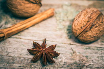 Fototapeta na wymiar Star anise, cinnamon sticks and walnuts
