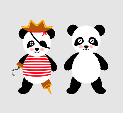 Cute panda pirate standing with hat and hook. Vector Illustration