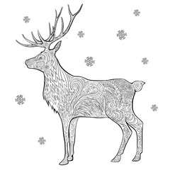 Hand drawn vector stock illustration of Christmas deer in doodle style for anti stress adult coloring book.
