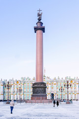 Alexander Column on Palace Square in St. Petersburg. winter view