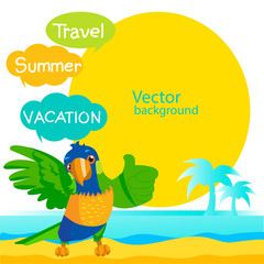 Obraz na płótnie Canvas Travel Background. Vector Summer Design. Summer Travel. Vector Concept Banner. Design Elements. Summertime Traveling Template With Space For Text. Parrot Mascot. Summer Travel Ideas.