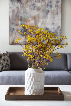 Flowers in vase on table in living room