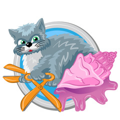Zodiac sign Cancer. Horoscope. Cat with pink mussel and orange scissors pretends to be cancer