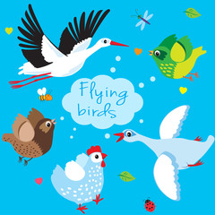 Flying Birds. Cartoon Vector Illustration. Flying In The Sky Stork, Duck, Swan, Sparrow And Chicken. Flying Birds In The Sky. Flying Birds Wall Decor. Flying Birds Wall Art.