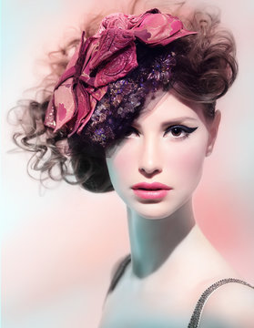 Portrait of woman wearing vintage style headdress 