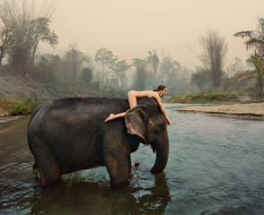 Naked woman lying on elephant wading in water 