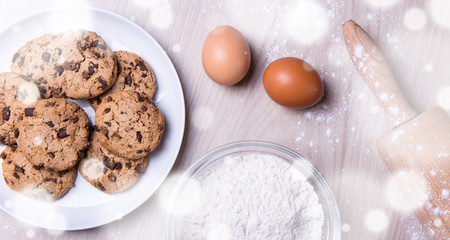 top view of ingredients for cooking chocolate chip cookies