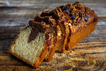 Marbled pound cake on a wooden board