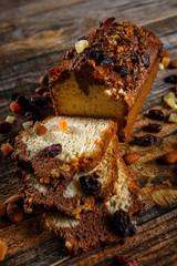 Marbled pound cake on a wooden board