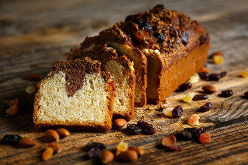 Marbled pound cake on a wooden board