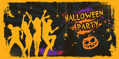 Poster or flyer for Halloween party. Silhouette of dancing people in a nightclub. Cartoon Ghost, shadow, pumpkin and spider. Background with web, apparition, spook, horror. Scary fairy. Vector.