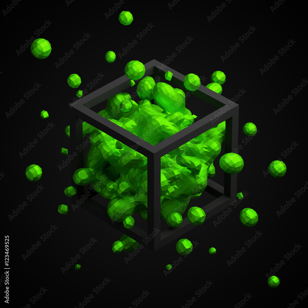 Poster abstract 3d rendering of chaotic low poly liquid in cube. background with dynamic polygonal fluid sp