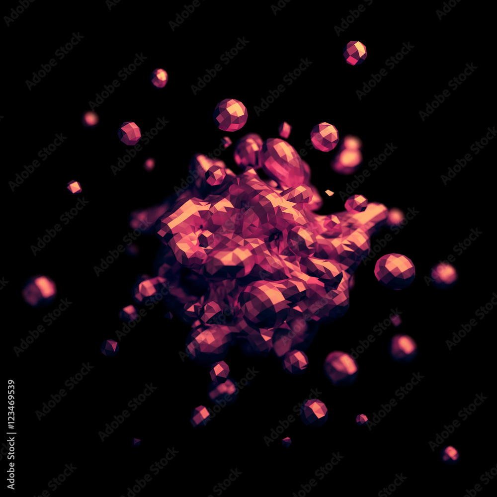 Poster abstract 3d rendering of chaotic low poly liquid. background with dynamic polygonal fluid splash. de