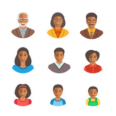Fototapeta premium African American family happy faces. Vector flat avatars. Black people all ages generation simple icons. Mother, father, adult, teen, little kids portraits. Young, senior men, women, boys, girls, baby