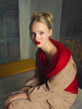 Portrait of woman wearing red shawl and dress