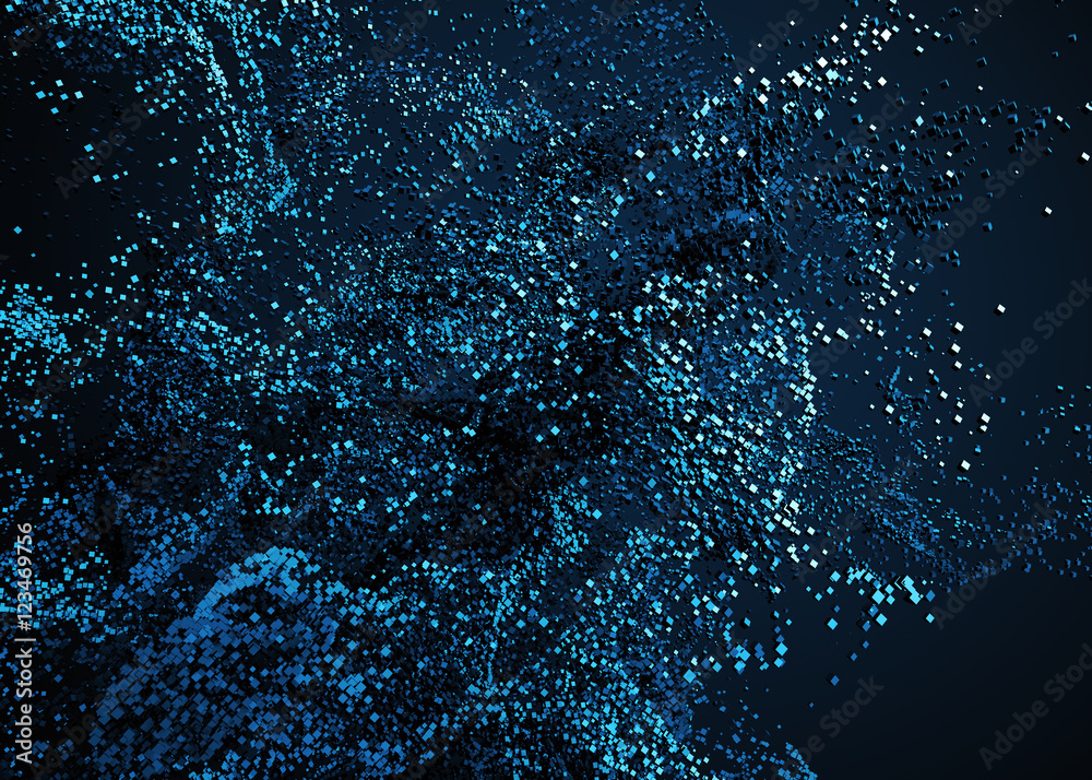 Poster abstract 3d rendering of chaotic particles. flying cubes in empty space. dynamic shape. futuristic b