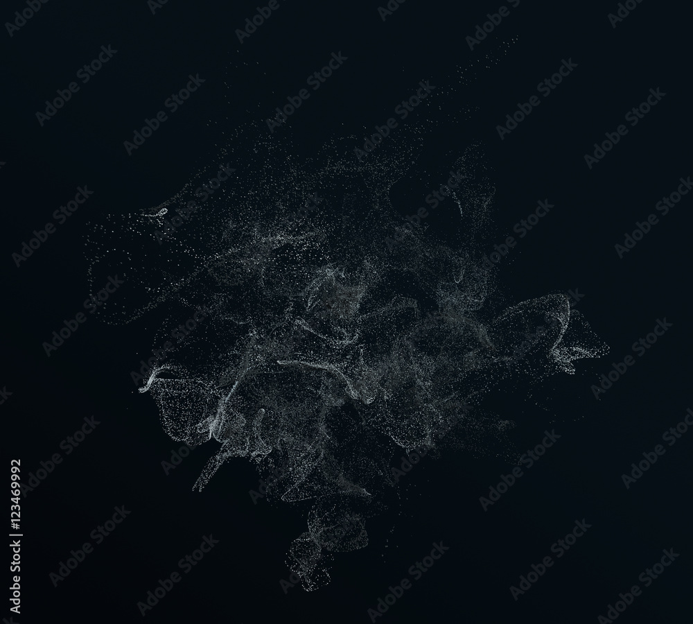 Poster abstract 3d rendering of chaotic particles. flying cubes in empty space. dynamic shape. futuristic b