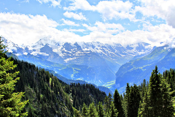 Panoramic view of the Alps in Switzerland on a hot summer day