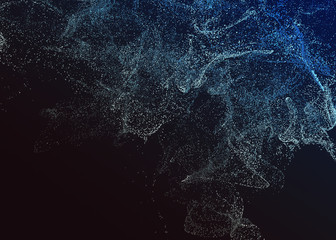 Abstract 3d rendering of chaotic particles. Flying cubes in empty space. Dynamic shape. Futuristic background. Poster design.