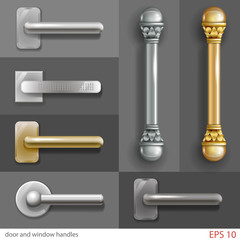 Set of door and window handles in different styles, in vector graphics with transparent shadows.