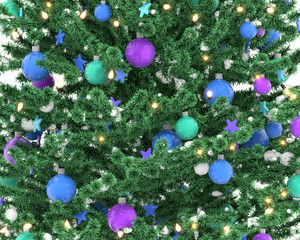 Obraz na płótnie Canvas Christmas tree with balls, stars and light bulbs, 3D illustration