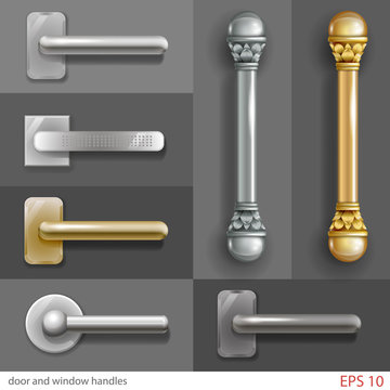 Set of door and window handles in different styles, in vector graphics with transparent shadows.