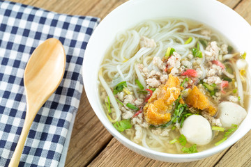 Thin rice noodles with sliced Pork in broth, Thai noodle