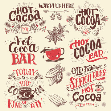 Hot cocoa hand lettering signboards set. Hot cocoa bar. Cocoa cup cartoon character. Hand drawn Christmas signs for cafe, bar and restaurant