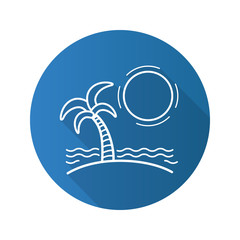 Tropical island with sun, waves and palm tree flat linear long shadow icon