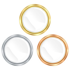 vector set of gold silver and bronze blank round icon with a whi