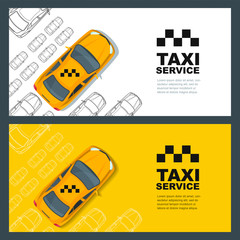 Set of vector taxi service banner, flyer, poster design template. Call taxi concept. Taxi yellow cab and outline cars isolated on white and yellow background.