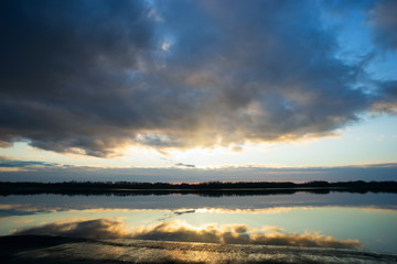 Sunset on river. Autumn landscape . Siberia.