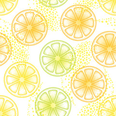 Vector seamless pattern with dotted orange and light green lemon slice on the white background. Fruits elements in dotwork style. Summer background with decorative dotted citrus.