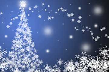 Fototapeta na wymiar White snowflakes christmas tree at the blue and black background