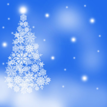 White snowflakes christmas tree at the blue background