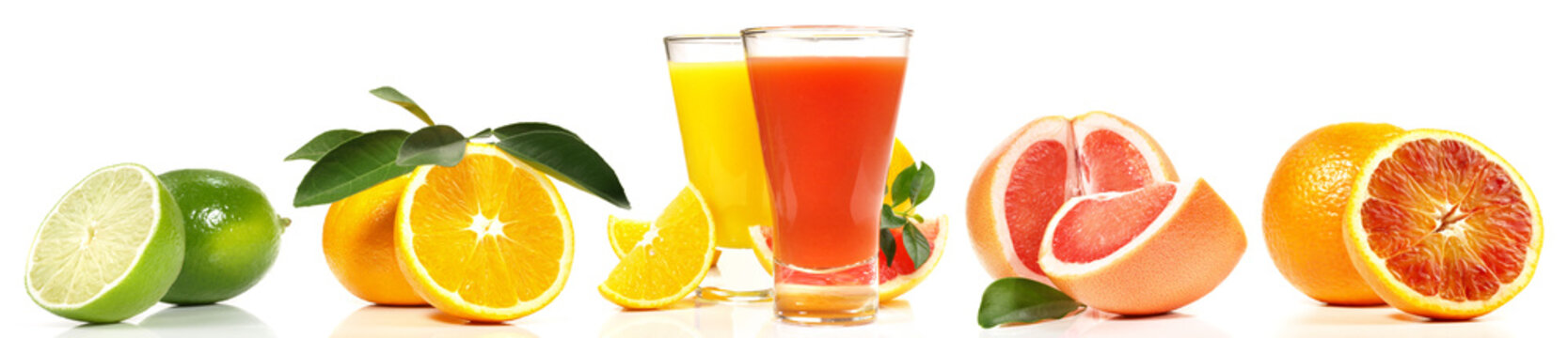Zitrusfr&uuml;chte und Fruchtsaft in einer Reihe
