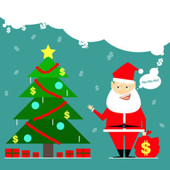 Santa Claus brought a bag of money. Business card cartoon comic